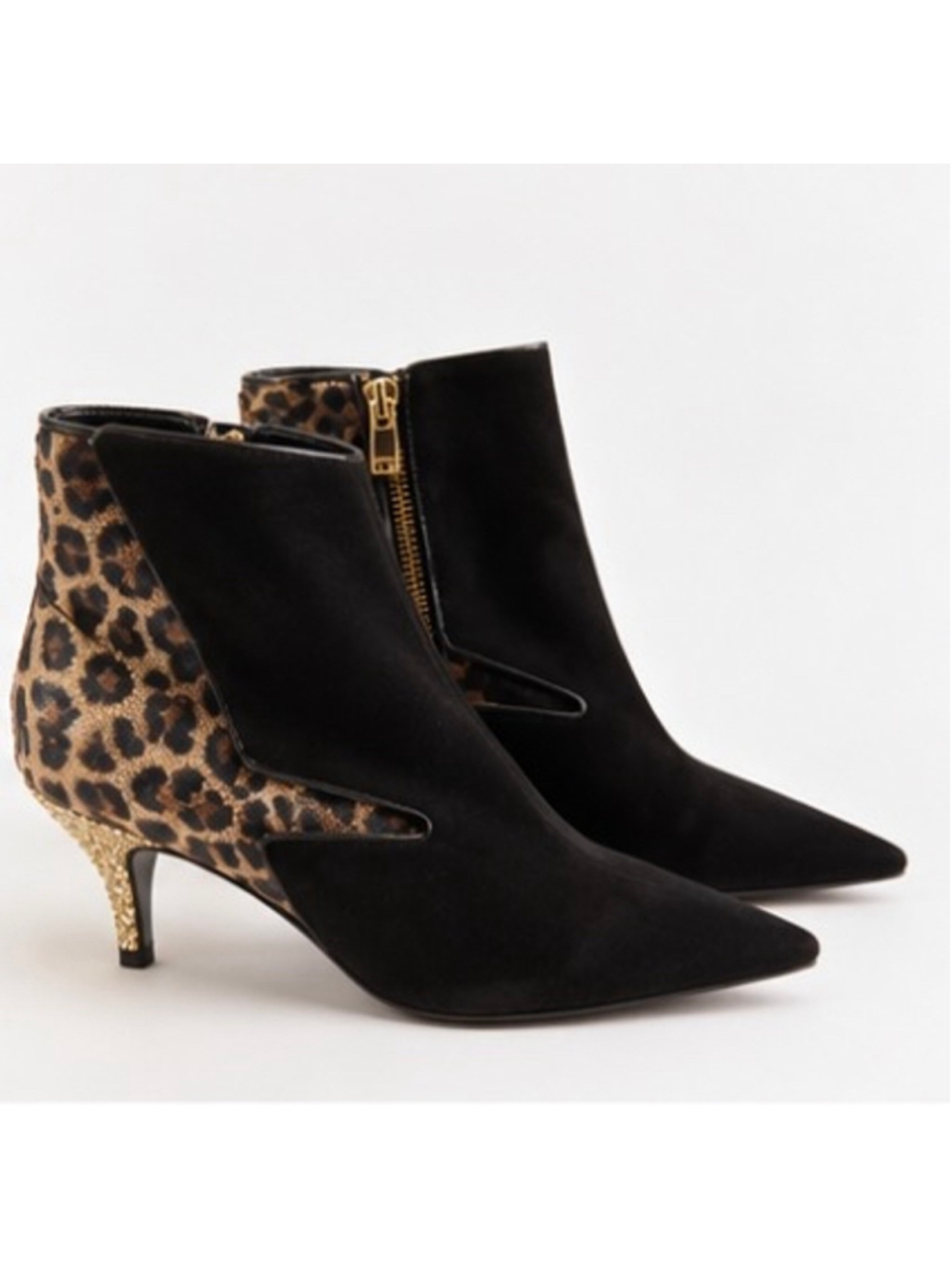 YSL Saint Laurent Black and Leopard Ankle Booties Gold Glitter Heel 39/9 New